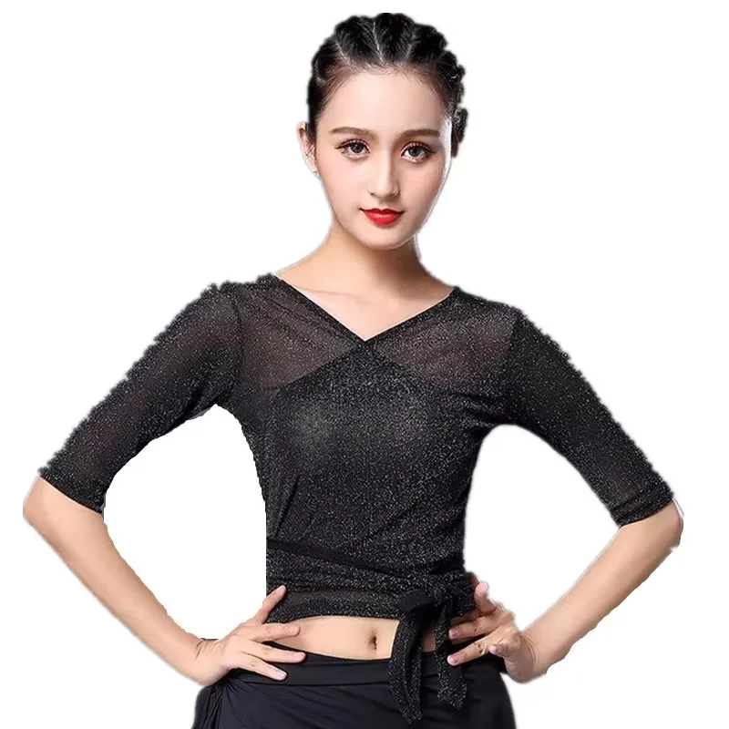 

New black Latin Dance costume training Tops For Women female Short Sleeve Lace Up Sexy Mesh Vogue Black Lady Modern Dance Shirt