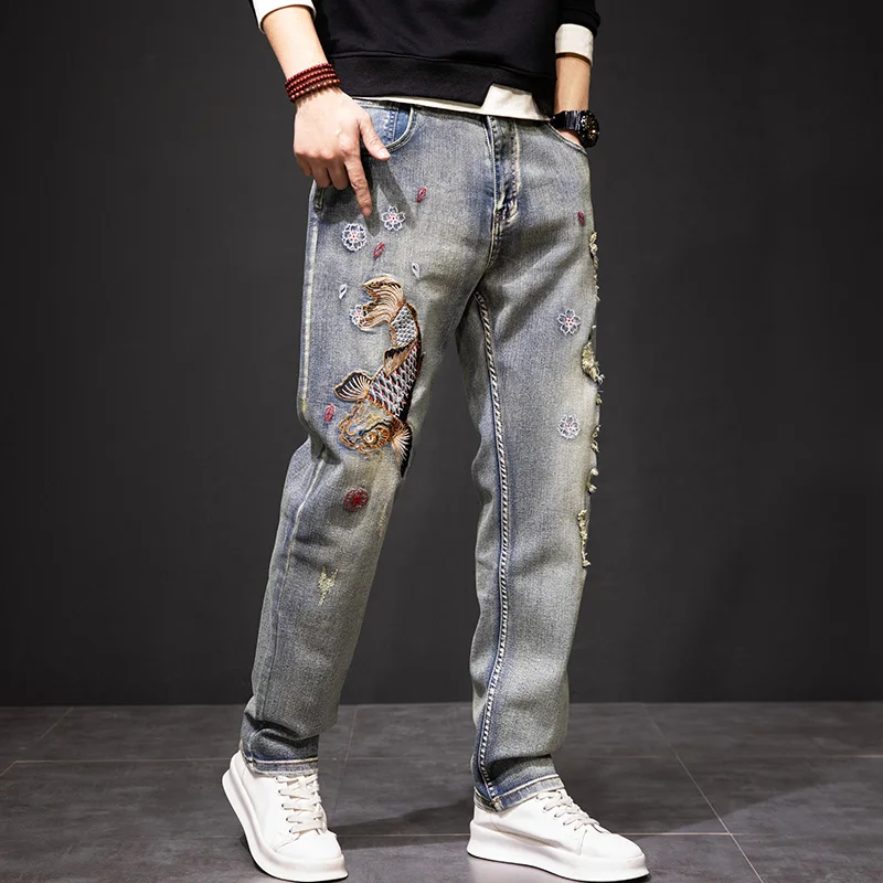 

Мужские прямые джинсы, повседневные, модные, с вышивкой и перфорацией, весна-осень, свободный крой, длинные брюки из хлопкового денима