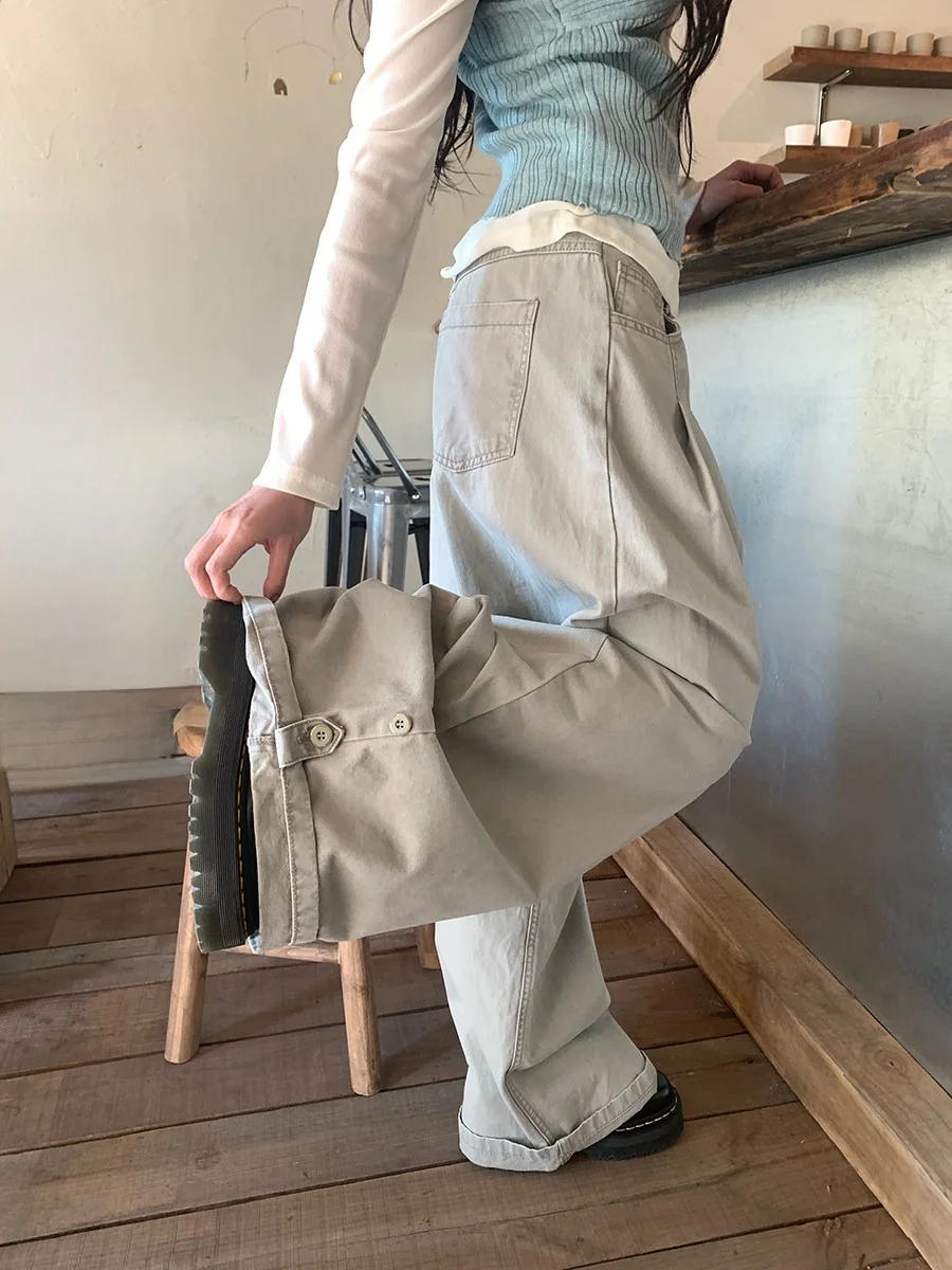 

Sinbounboun Japanese Style Pleated Wide Leg Jeans Women's Loose Fit Casual Denim Long Trousers High Waist Button Coat