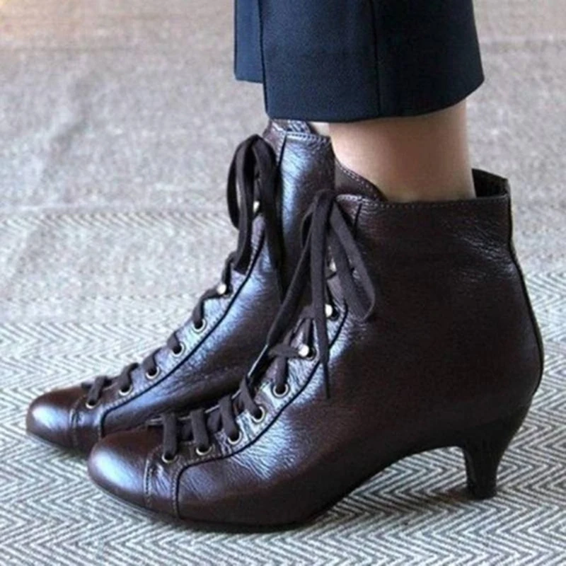 New Fashion Women Low Kitten Heel Ankle Boots Victorian Round Toe PU Leather Shoes Steampunk Lace Up Retro Jeans Boots