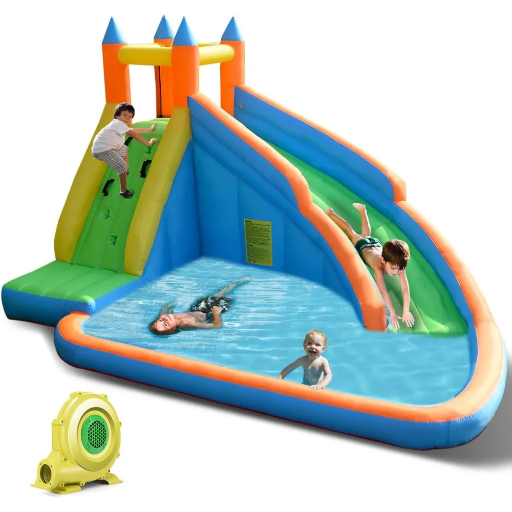 

Inflatable Water Slide, Giant Bouncy Waterslide Park for Kids Backyard Outdoor Fun w/ 480w Blower, Climbing, Splash Pool