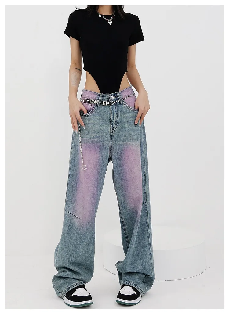 

Women Jeans American Style Retro Purple Fashion High Waist Trousers Female Loose Straight Wide Leg Denim Pant Streetwear