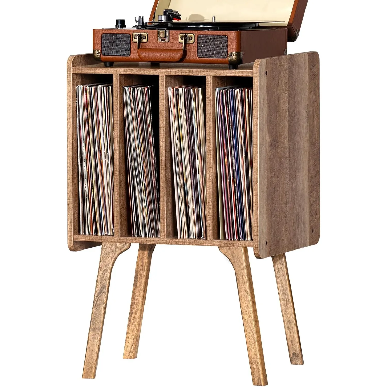 

Record Player Stand,Vinyl Record Storage Table with 4 Cabinet Up to 100 Albums,Mid-Century Modern Turntable Stand with Wood Legs