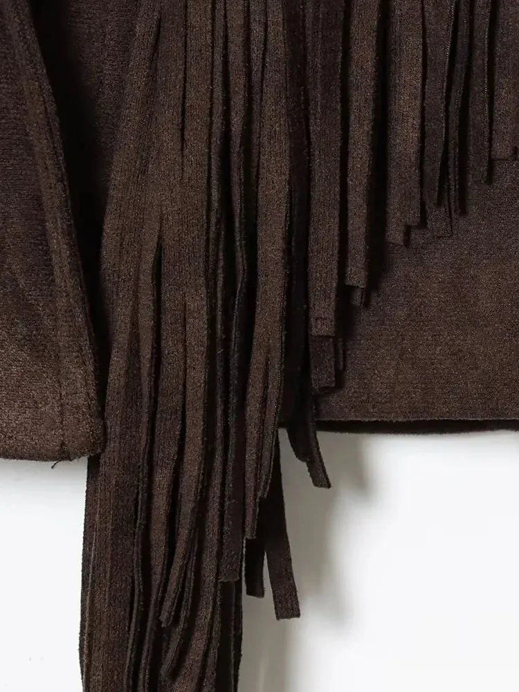 

HH женские осенние пальто с однотонным отложным воротником и длинными рукавами, украшение с кисточками, женская мода, уличная одежда, стильные короткие куртки