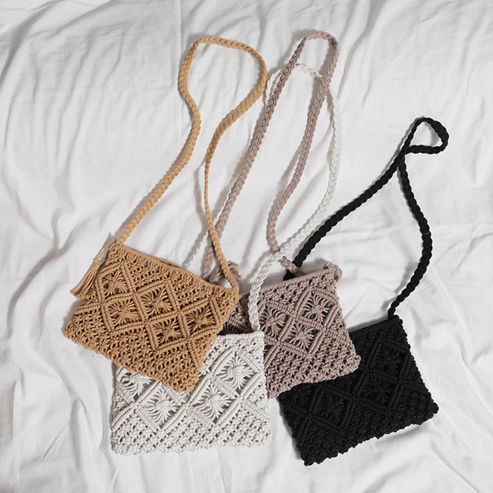 Women Beach Woven Straw Shoulder Messenger Bag With Tassel Boho Hollow Out Crochet Crossbody Handbag Macrame Clutch Purse Bags