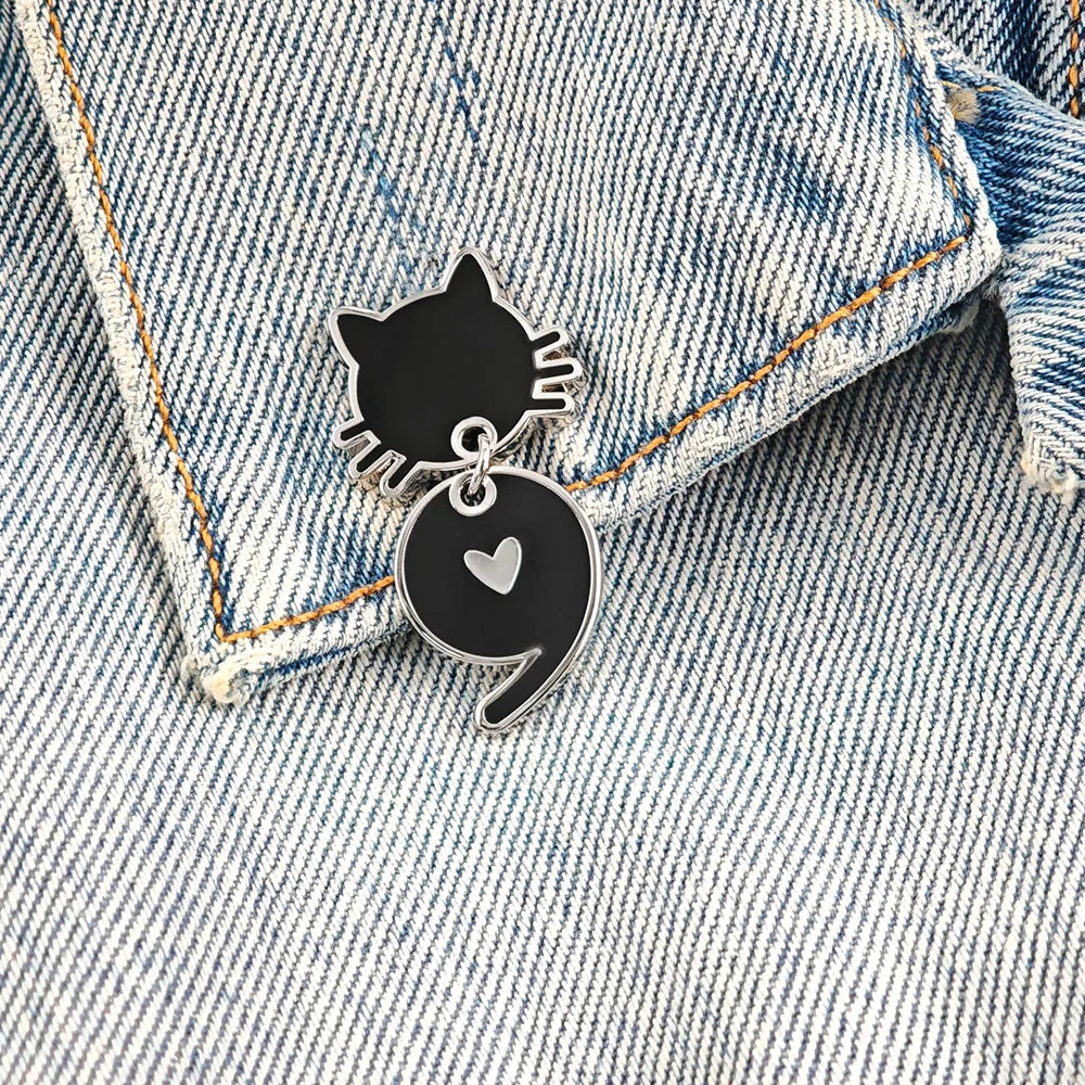 Cute Black Cat Enamel Pin Semicolon Heart Dangle Brooch Mental Health Awareness Tassel Metal Badge Animal Lapel Pin Jewelry Gift view 4