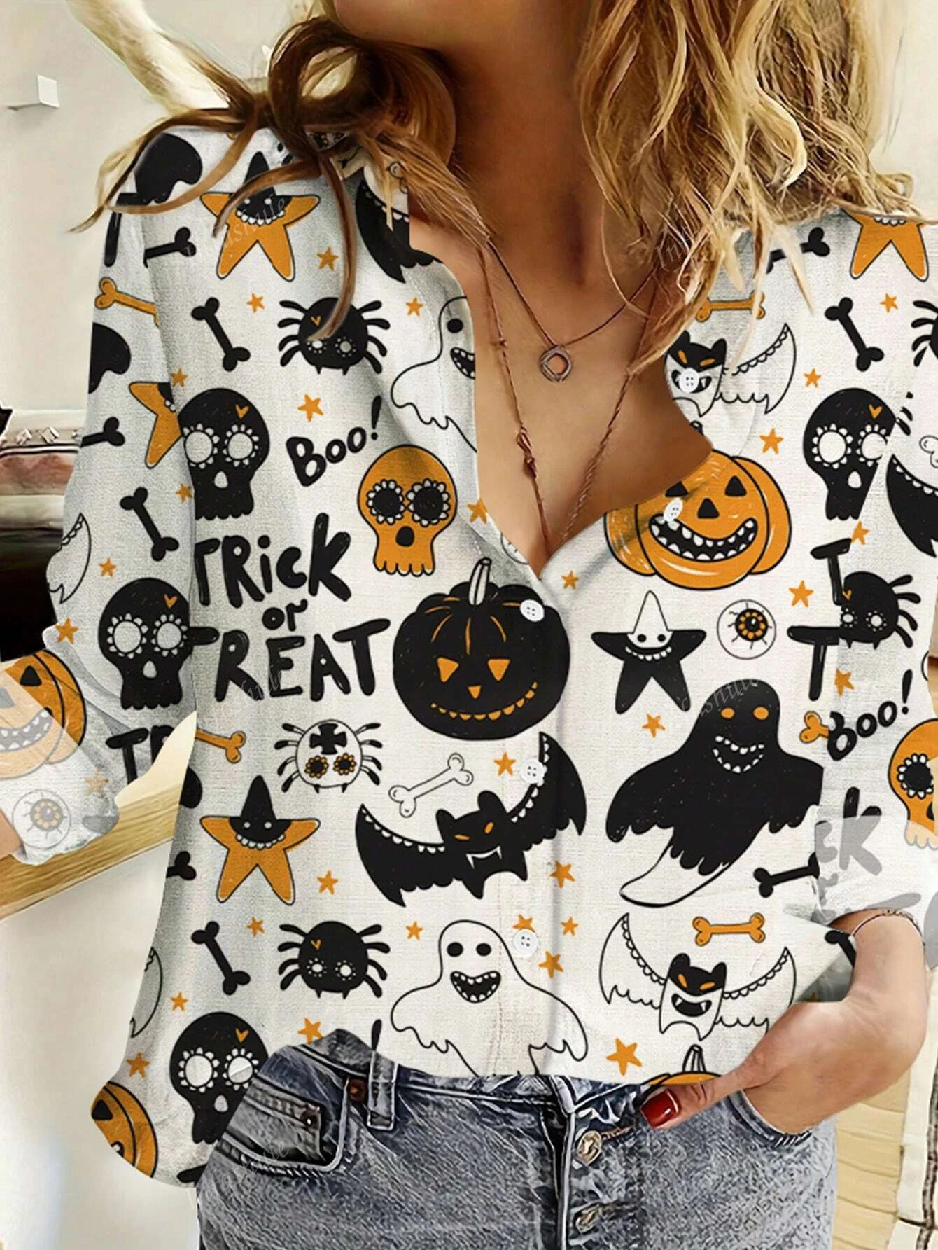 Fashion Women's Pumpkin Pattern Halloween Wizard and Soul 3D Print Long Sleeve Shirt Lapel Button Holiday Party Women Clothing
