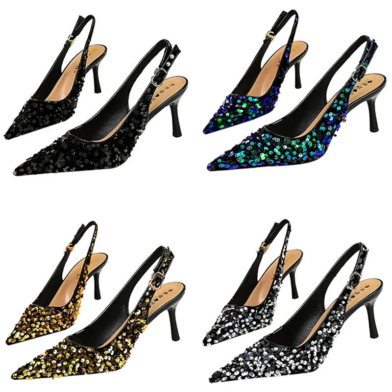 New Summer 7cm High Heels Daily Streetwear Sequin Designer Pumps Pointed Toe Back Straps Evening Banquet Gold Green Lady Sandals