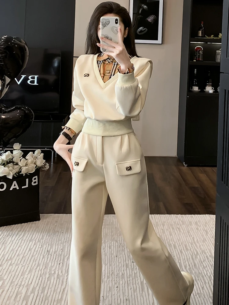 Korean Version of European Casual Sports set for Women\'s Spring and Autumn new Fashionable High-end Fake two-Piece Wide leg Pant