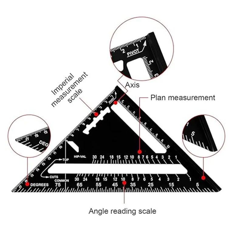 12/7-inch Rafter Square Carpenter Measuring Layout Tool Alloy Metal Triangle Ruler Protractor for Woodworking and Carpentry