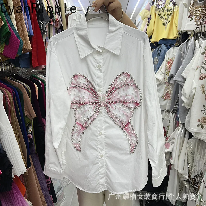 2026 New Spring Autumn Long Sleeve Women Blouses Cute Bow Beads Diamonds Loose Cardigans Top Turn-down Collar Casual Shirts
