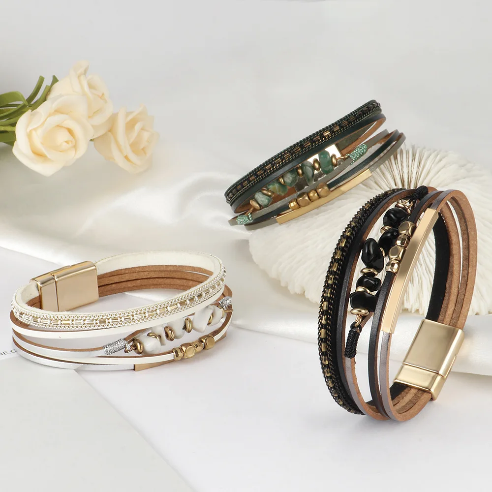 Boho Ethnic Leather Bracelet Irregular Natural Stone Beaded Cuff Bangle for Women Retro Layered Wristwear Hand Jewelry Accessory