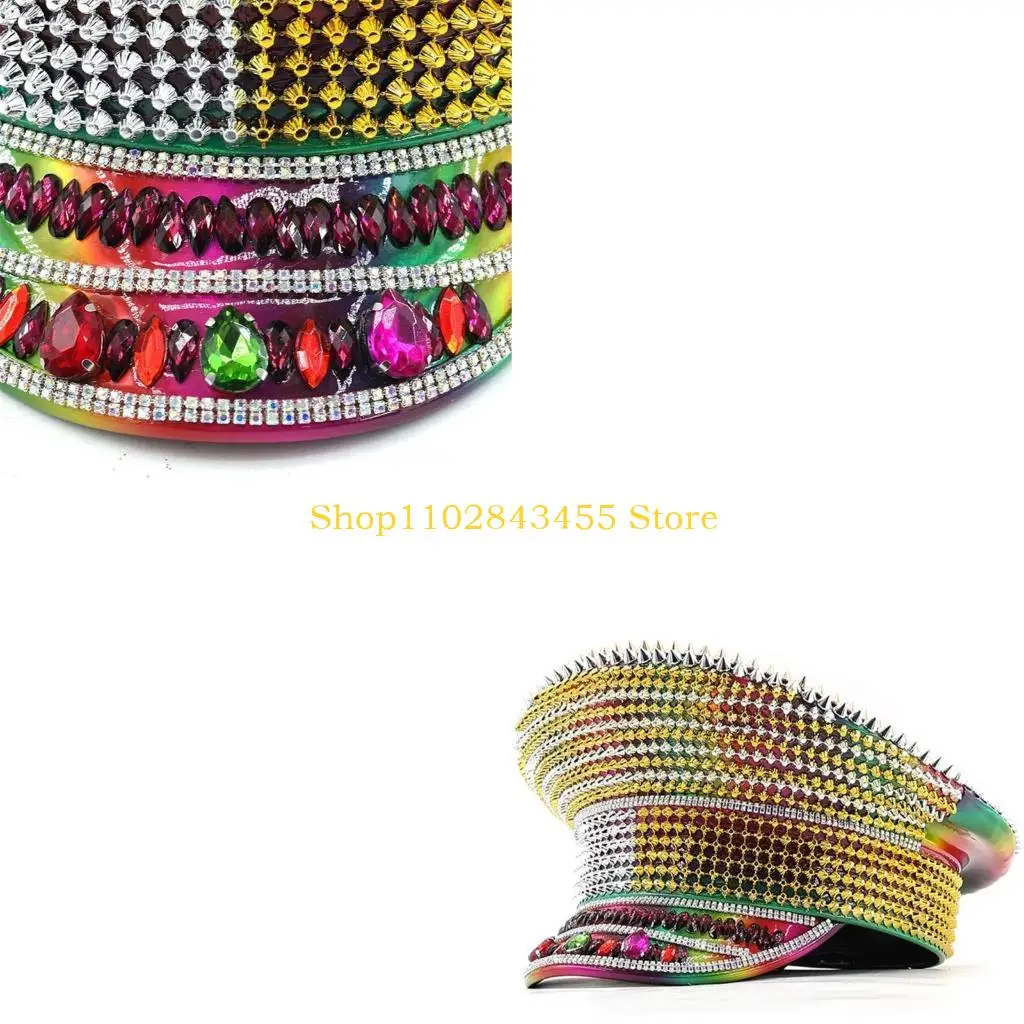 49MC Colorful Captain Cap for Wedding Masquerade Party Hat Bride Flat Top Hat Role Playing Hat