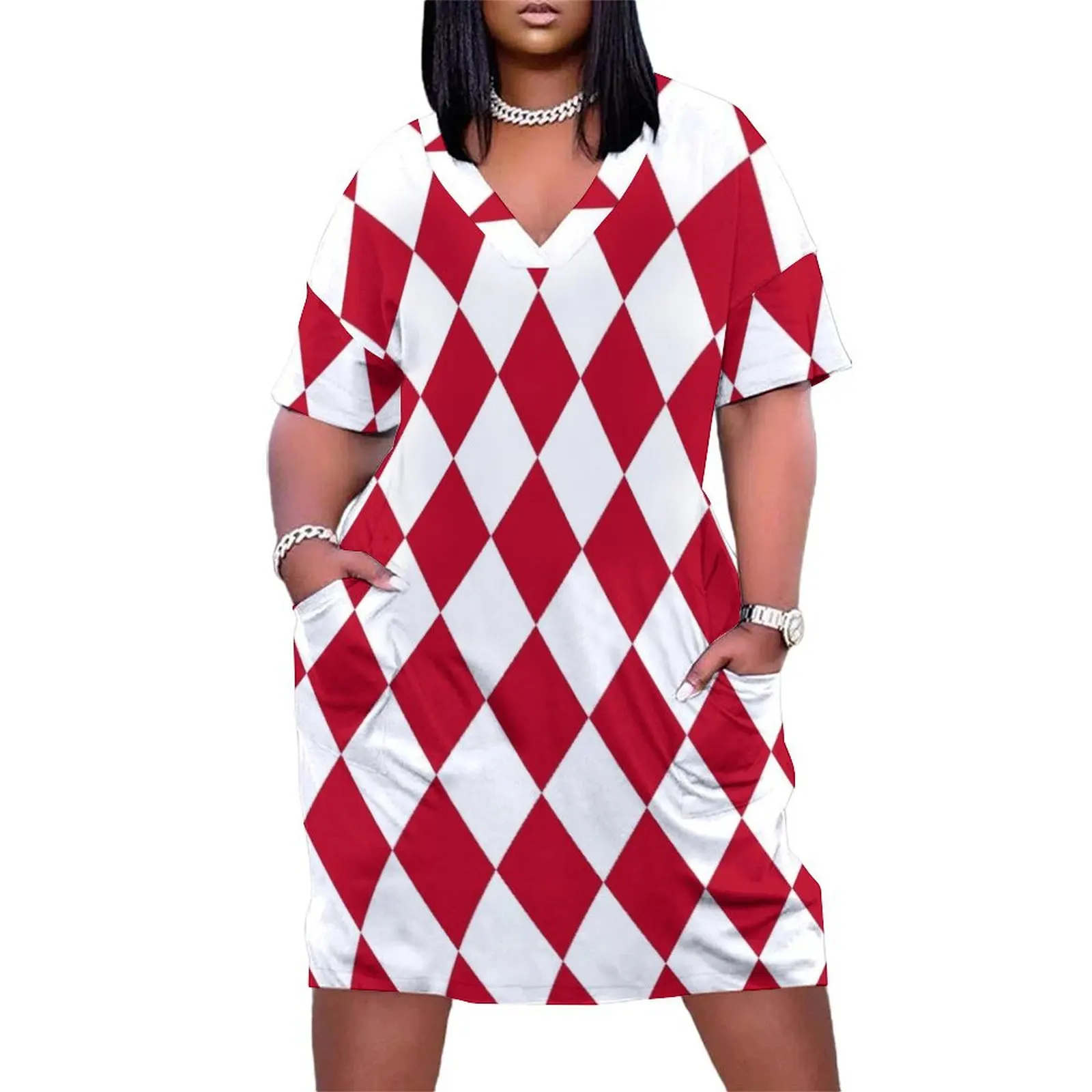 

Red and White Harlequin Diamond Pattern Loose Pocket Dress Dress woman Female dress