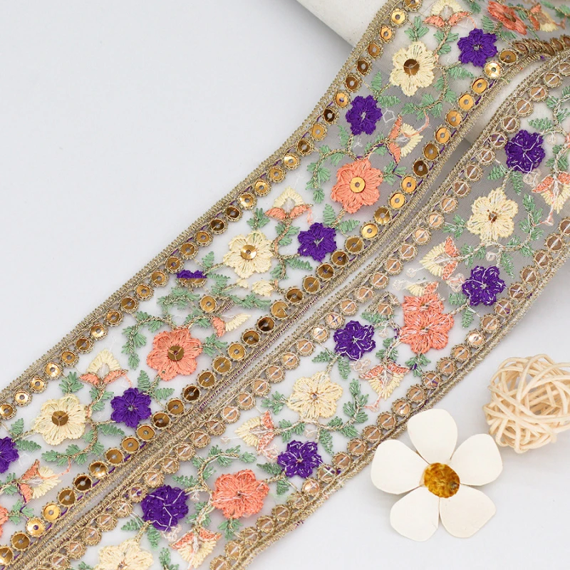 1Lot/30Yds Ethnic Sequins Corded Lace Ribbon Embroidered Organza Flowers Lace Trim bar Code for Clothing Decoration