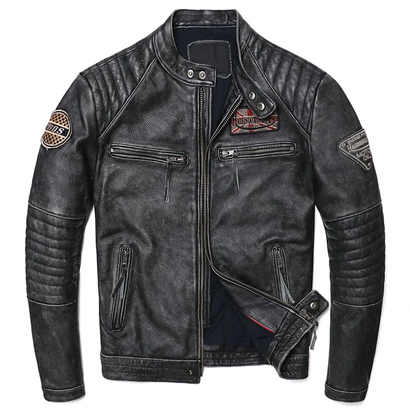 New Vintage Grey Motorcycle Genuine Leather Jacket Men's Biker Natural Cowhide Jackets Man Slim Cool Clothing Coat