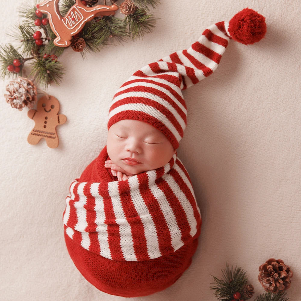 Newborn Christmas Photography Props, Patchwork Knit Wraps, Chapéu listrado, Gingerbread Man, Estúdio simples, Tema do Photoshoot do Natal