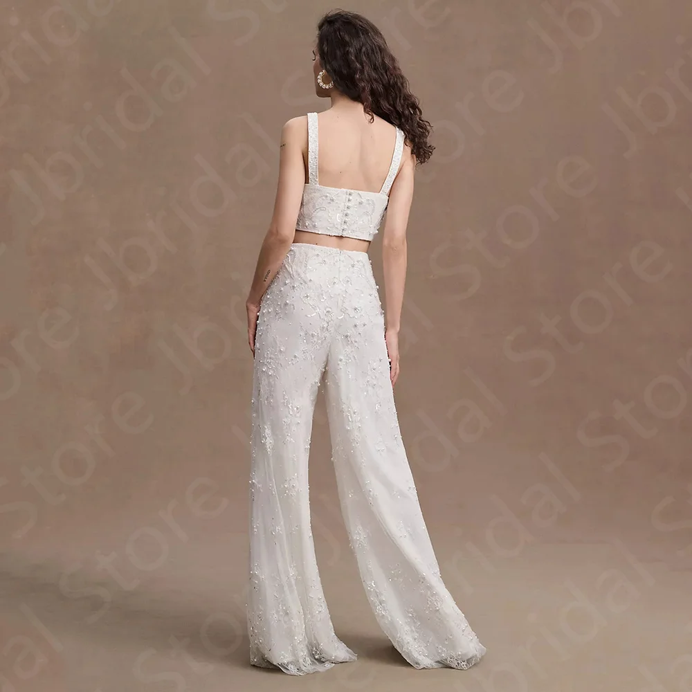 New Unique 2024 Wedding Dresses Pants Suit Bridal Gowns Sleeveless Lace Bride Dress Square Neckline Wedding Gowns Two Pieces