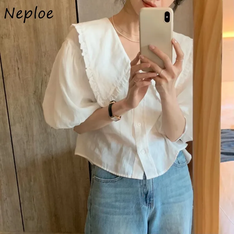 Neploe Sweet Kawaii Fungus Peter Pan Collar Blouses 2024 Summer New Shirts Women Y2k All-match Puff Sleeve Blusas Mujer