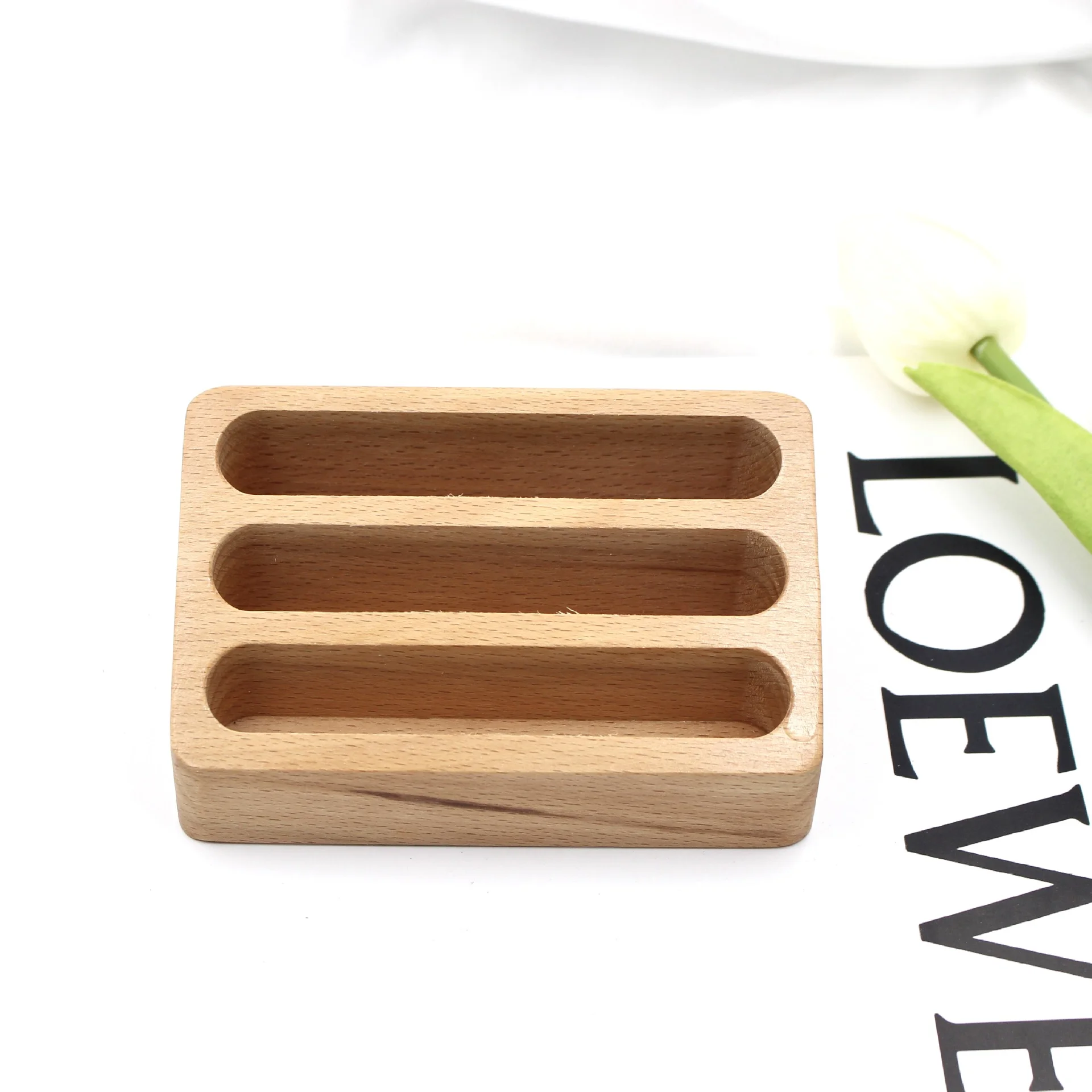 1 Stück Visitenkartenhalter aus Holz für den Schreibtisch, Aufbewahrungsbox mit 3 Fächern für Bürobedarf, Schreibtischzubehör, Organizer – Detail 6