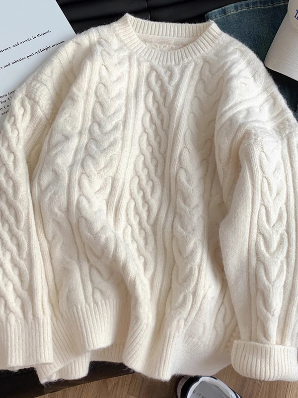 Thiened Loose Women's Knitted Sweater Autumn Winter Inner Wear round Ne Twisted Hair Sle Base Top for Small Figures