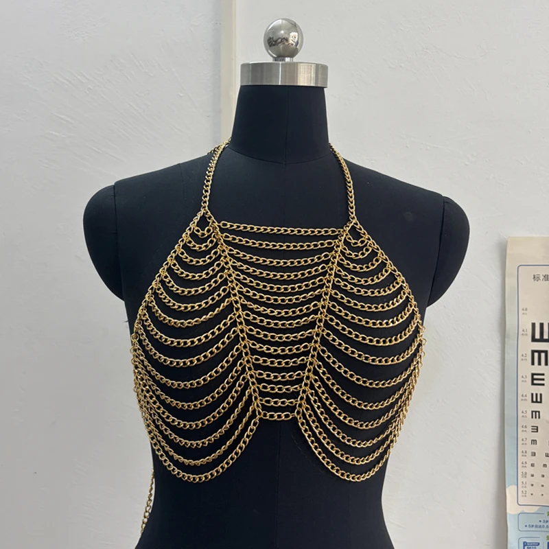 Damen Mehrlagiges Metallketten-Neckholder-Top – Rückenfreies, verstellbares Body Chain Crop Top für Rave, Festival, Party, Nachtclub, Streetwear 2026 – Detail 4