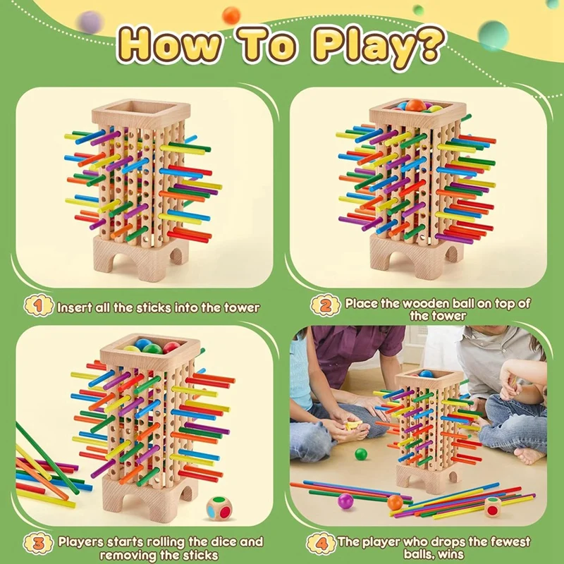 Wooden Board Game Montessori Toys, 42 Colourful Sticks Dice Game Math Educational Toy, Family Fun Ball Dropping Game