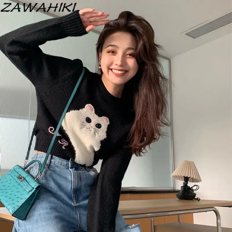 ZAWAHIKI Sueter Mujer Chic Letter Cartoon Cat Spring Fall Loose Knitwear Long Sleeve Fashion Japanese Sweet Chic Sweater Women