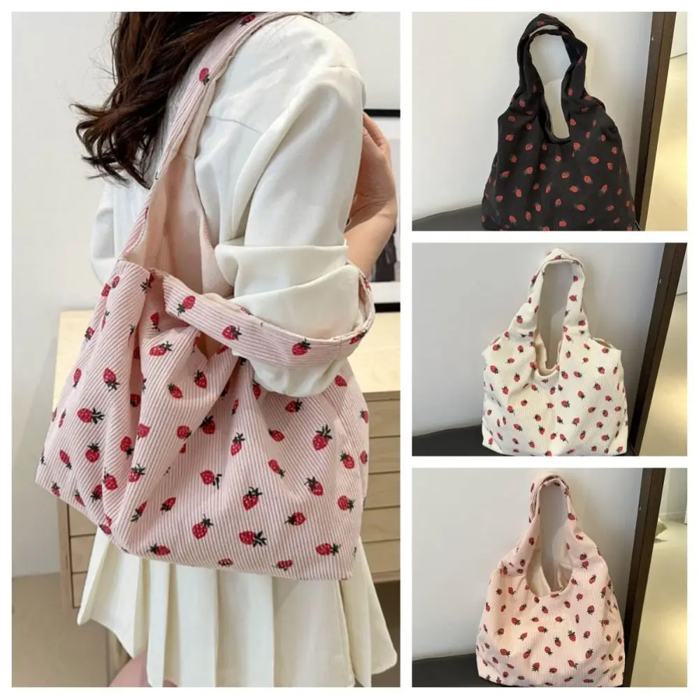 

Large Capacity Strawberry Tote Bag Korean Style Square Shape Women Shoulder Bag Printing Harajuku Corduroy Handbag Shopping