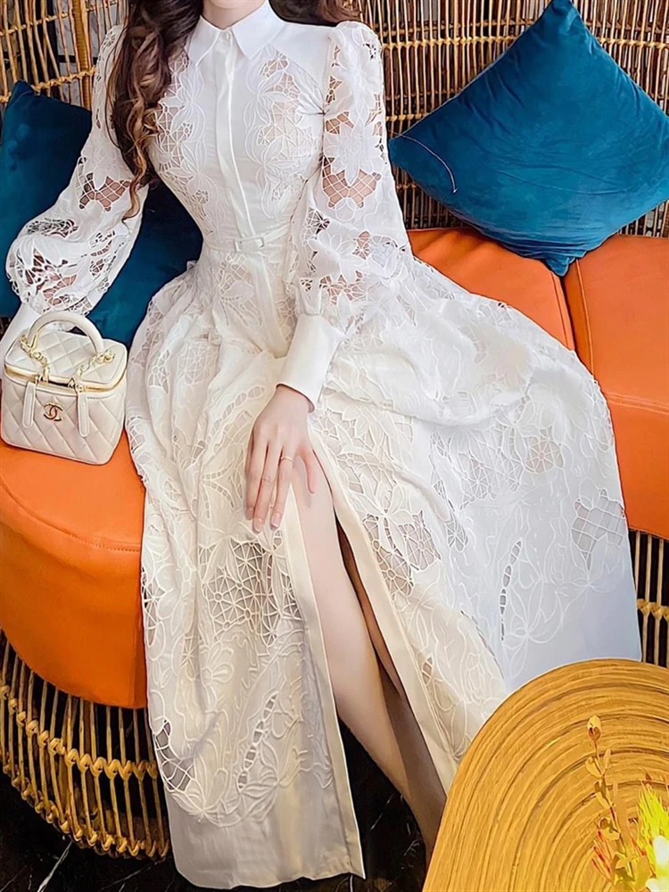 

Long Sleeve Party Woman Spring Runway Embroidery Dresses Women 2023 Dress Solid Boho Elegant Lace Autumn Luxury High Waist Robe