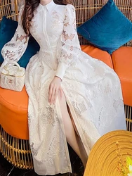 Long Sleeve Party Woman Spring Runway Embroidery Dresses Women 2023 Dress Solid Boho Elegant Lace Autumn Luxury High Waist Robe