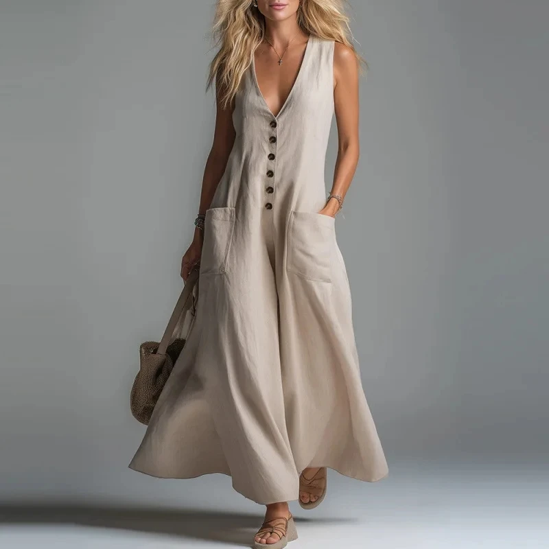 

Vestidos De Mujer Casuales V-neck Sleeveless Pocket-breasted Solid Color Casual Dress Womens Summer Vest Hem Long Skirt