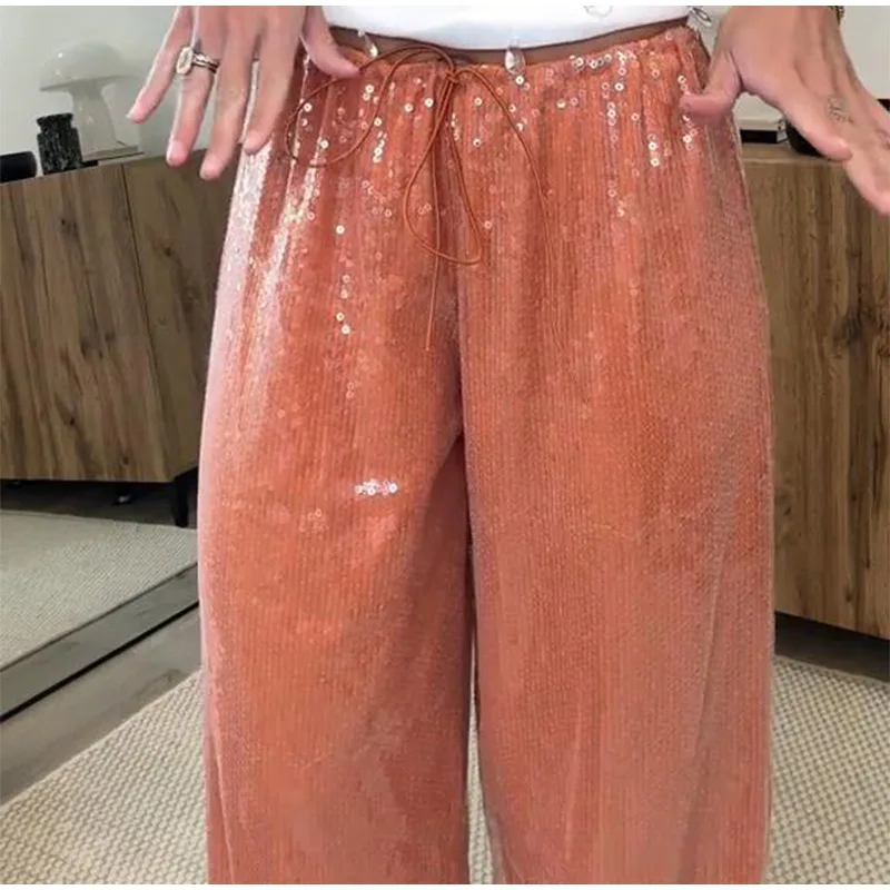 Street Sequin Lace Up Pants Women Elastic Low Waist Wide Leg Trousers Female 2026 Spring Summer Lady Shiny Party Club Clothes