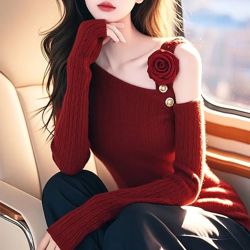 

Women's Spring Autumn Tops Knit Sweater Sweater Rose Underwear Bottom Shoulder Solid Color Slim Simple Loose Design High Fashion