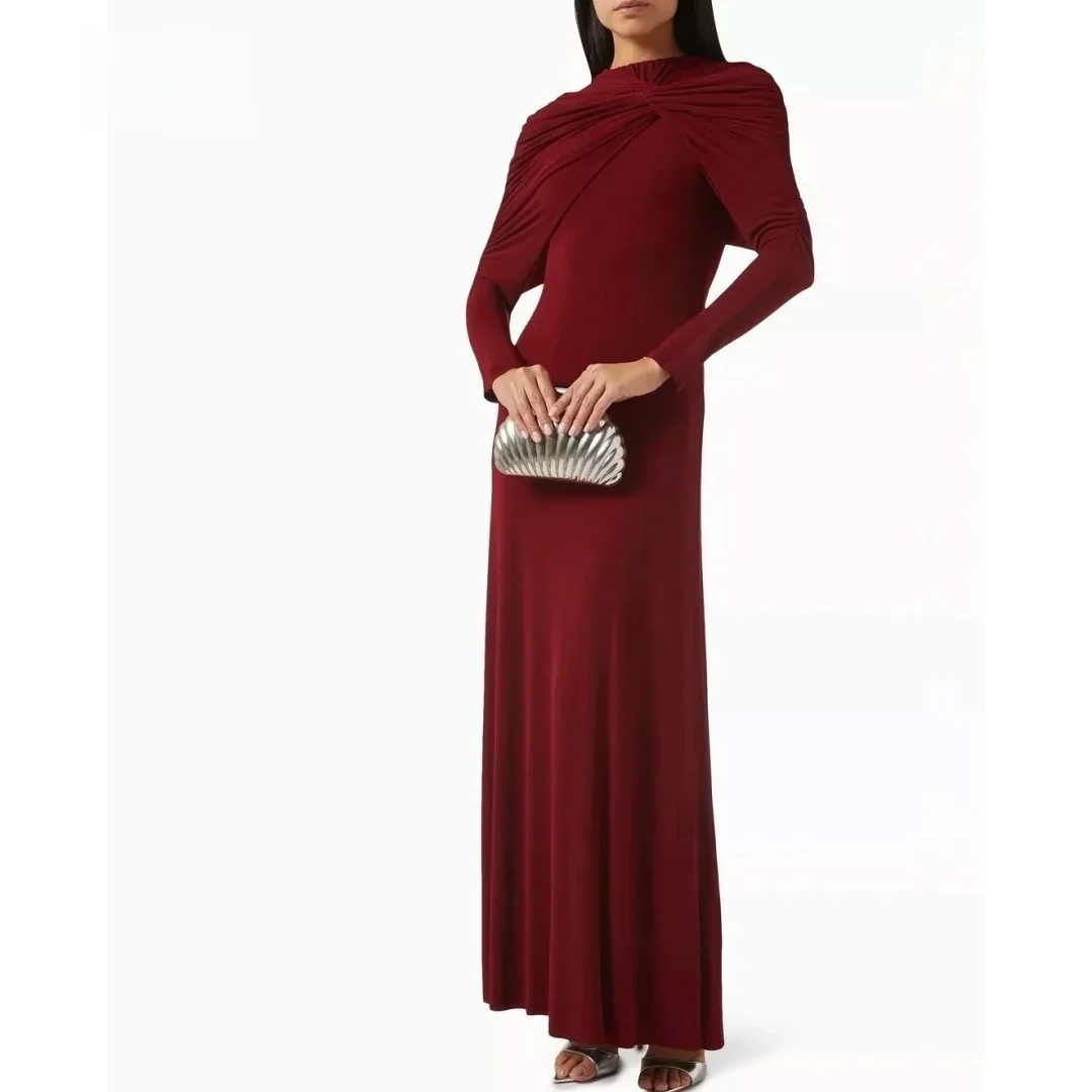 

Burgundy Long Sleeves Long Bespoke Occasion Gown Evening Dresses Pastrol Unisex Jersey Retro Dubai Saudi Arabic Prom Customized