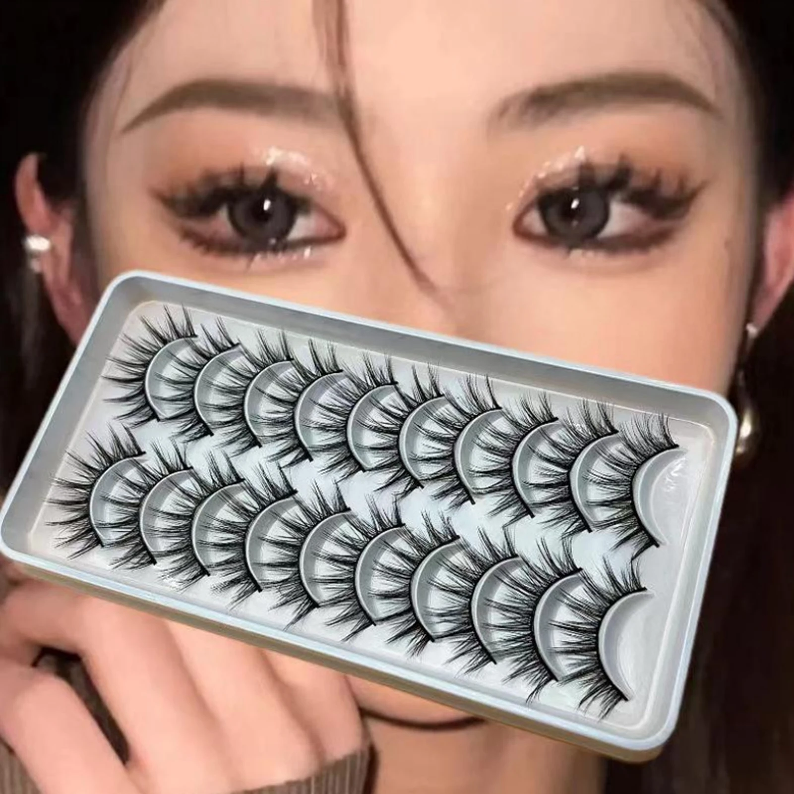 10 Paar natürliche, flauschige falsche Wimpern, dünne Wimpern, 3D-Volumenstreifen-Wimpern, D-Locken, gefälschte Wimpern mit klarem Band