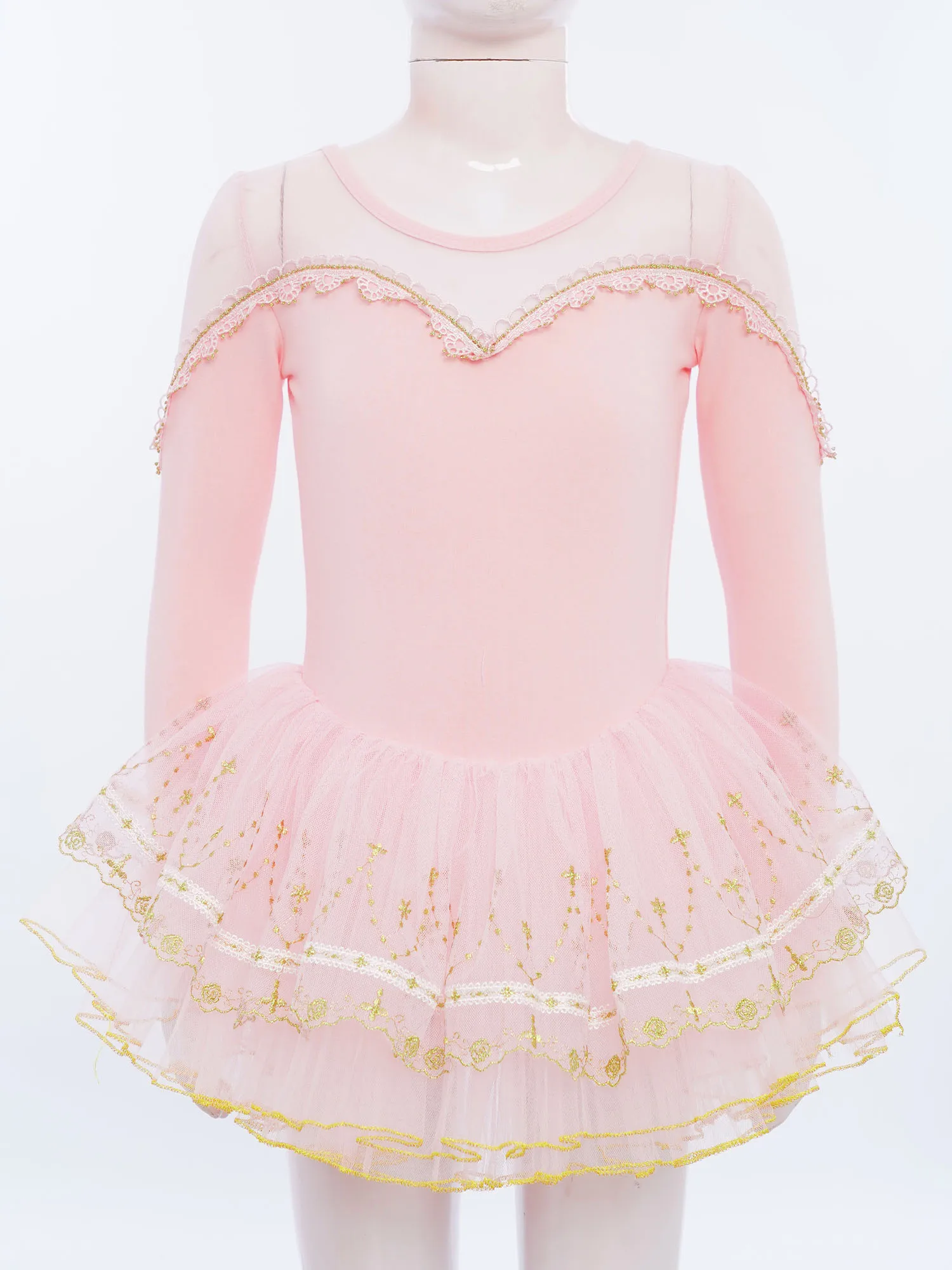 Costume da tutù per balletto per bambini Vestito da spettacolo per cigni per ragazze Manica lunga Maglia trasparente con finiture in pizzo Costume da principessa per tutù a strati