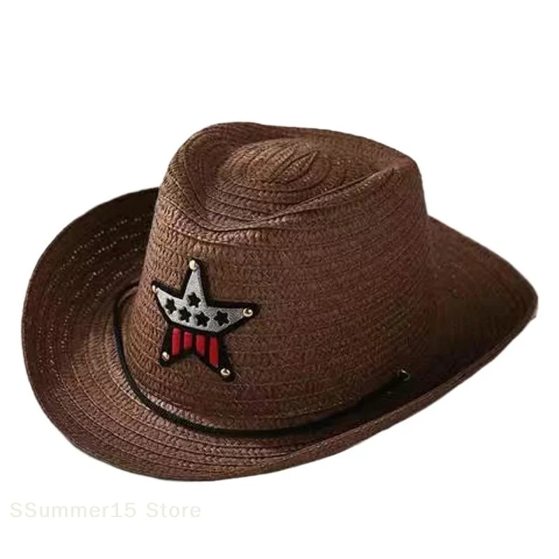 Kids Western Cowboy Hat Retro Sheriff Cap Sunscreen With Wind Rope Hat Boys Girls Horseback Riding Tourism Fishing Sunshade Cap