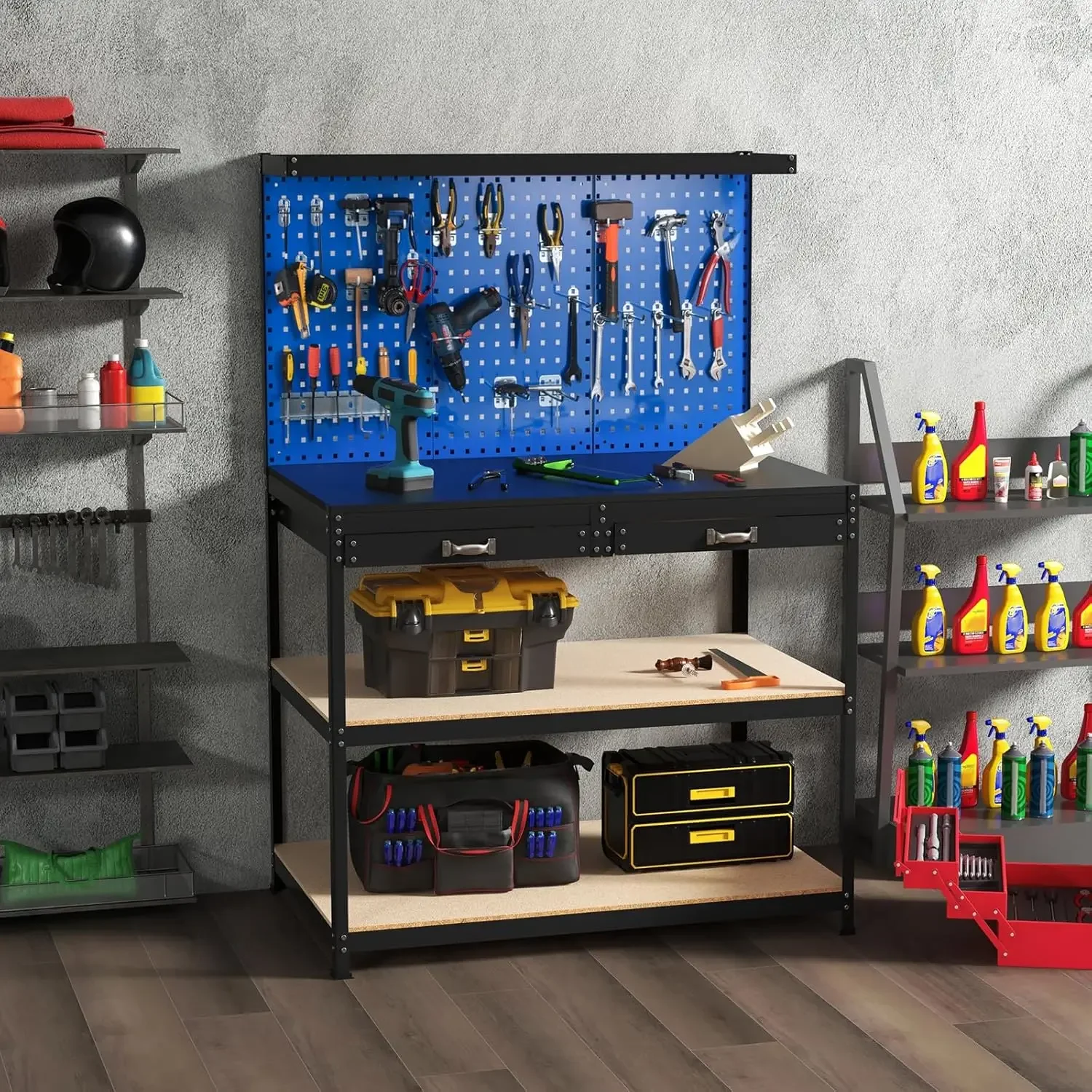 Work Bench with Drawers, 48” Garage Workbench with Pegboard, Heavy Duty Work Table with 24 PCS Hanging Kits, Tool Bench Workstat