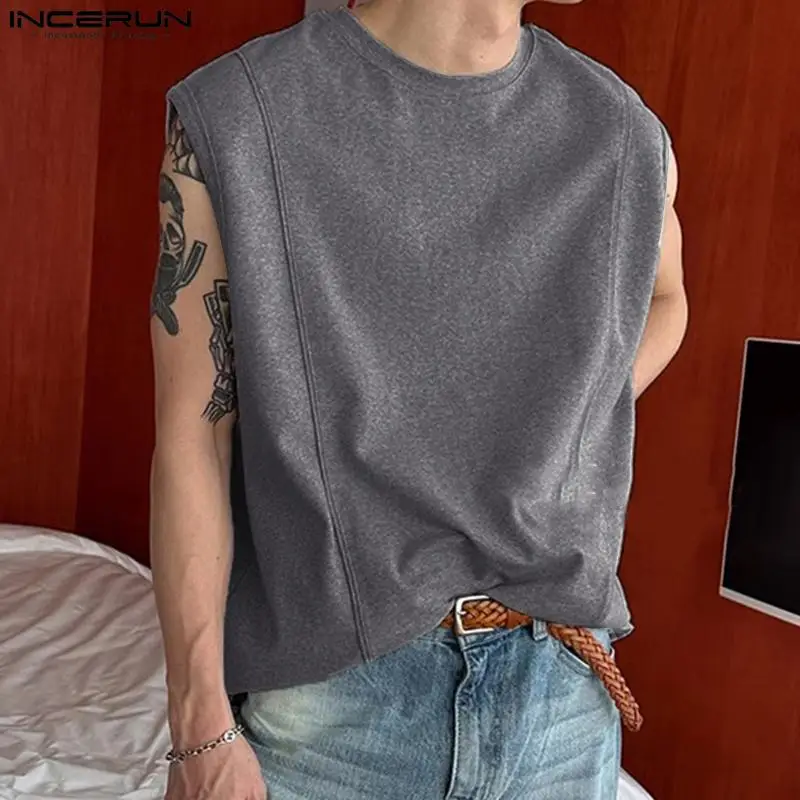 INCERUN Men Tank Tops Solid Color O-neck Sleeveless Loose Summer Male Vests Streetwear 2024 Fashion Casual Men Clothing S-5XL