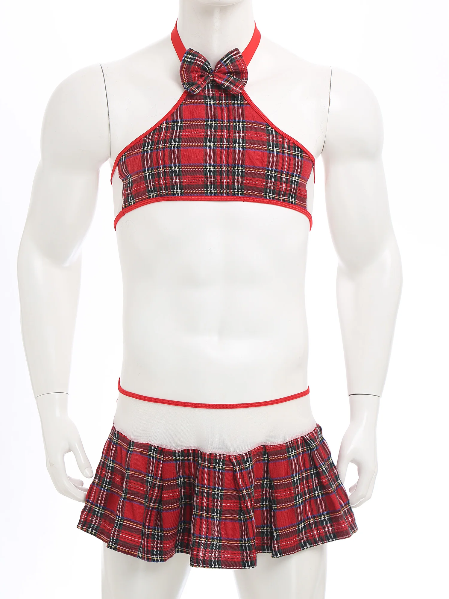 

Men's Gays Plaid JK Role Play Outfits Crossdressing Transvestite Erotic Halter Crop Top And Pleated Mini Skirt Nightwear Suits