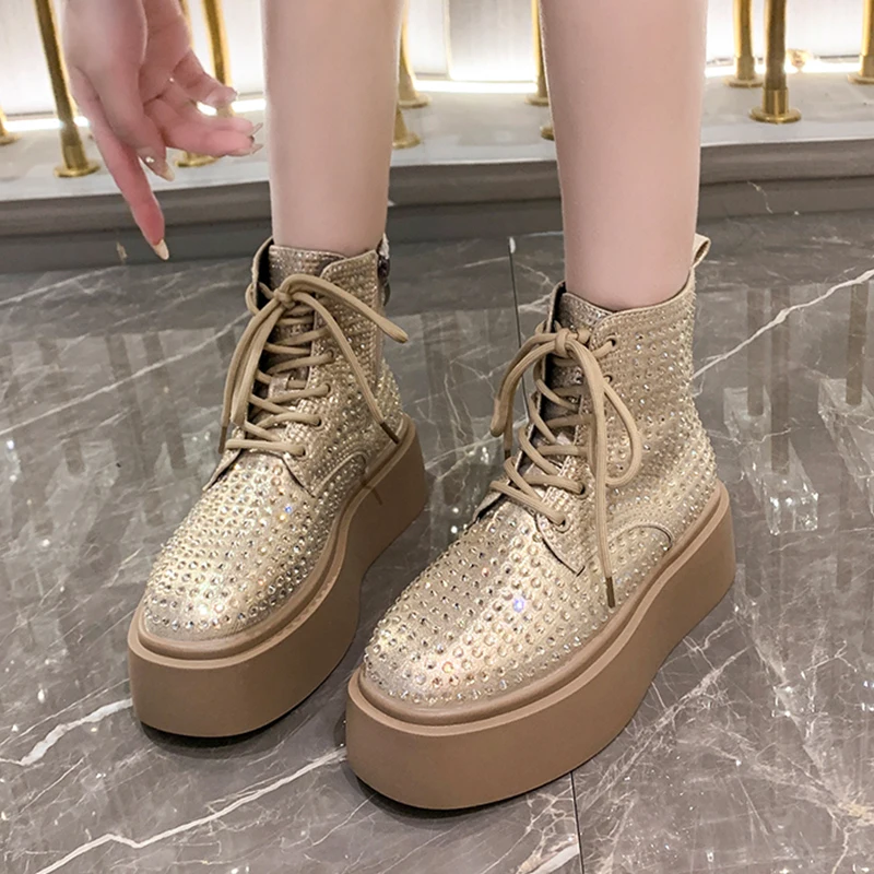 Crystal Flats Platform Woman Ankle Boots Luxury Shoes 2025 Trend Brand Fashion Zipper Chelsea Boots Casual Walking Mujer Botas