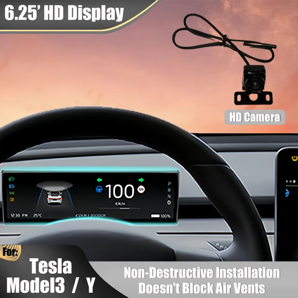 Tesla 6.25' Heads Up Display Retrofit Instrument Display Damage Free Installation Doesn't Block Air Vents For Model 3 & Model Y