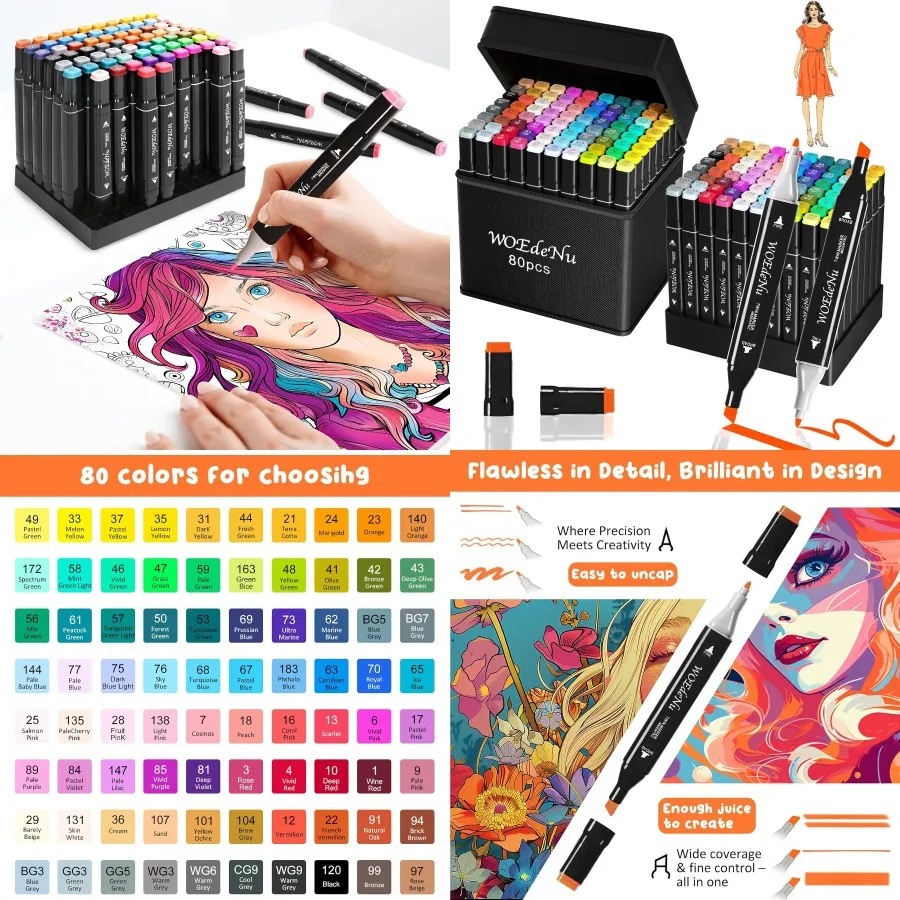 

WOEden Alcohol Markers 80 Colors Dual Tip Brush Chisel Art Markers Permanent Alcohol-Based Pens for Adult Coloring Drawing Sket