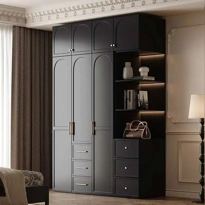 

Open Luxury Retro Style Black Wardrobes Storage Multilayer Cabinet Closets Wardrobes Bedroom Storage Armario Hotel Furniture