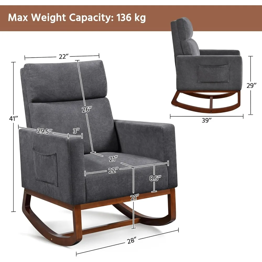 Rocking Chair, Upholstered Glider Chair with Side Pocket, Nursery Chair with High Backrest and Rubber Wood Legs, Rocki