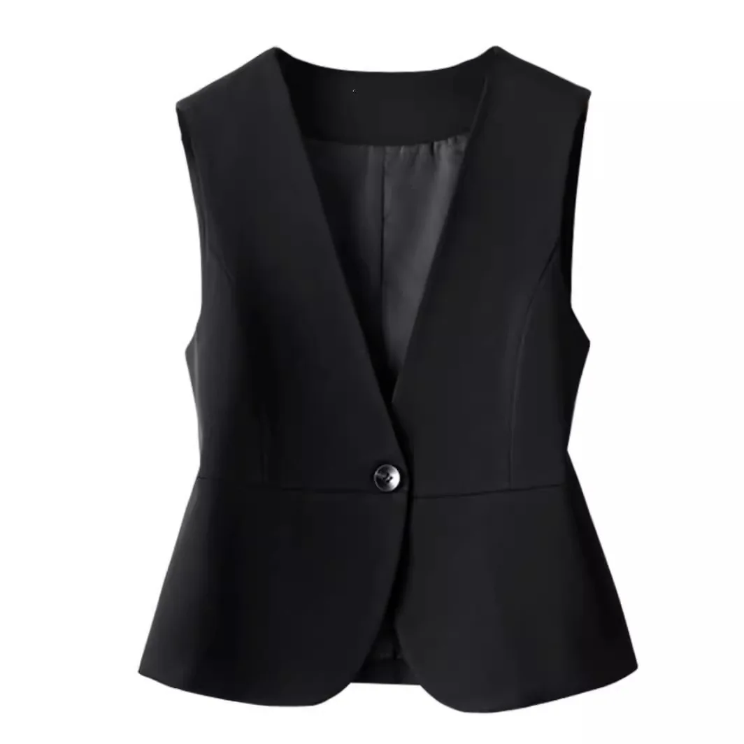 #0730 Black White Blazer Vest Coat Women V-neck Slim Office Short Vest Female Single Button Elegant Short Sleeveless Coat Spring