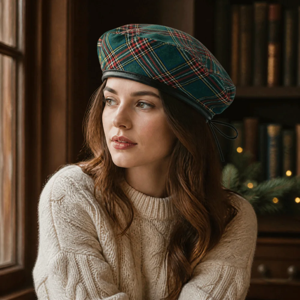 Cute British Style Tartan Plaid Beret Drawstring PU Leather Trim Newsboy Cap Retro Y2K Flat Cap Girl
