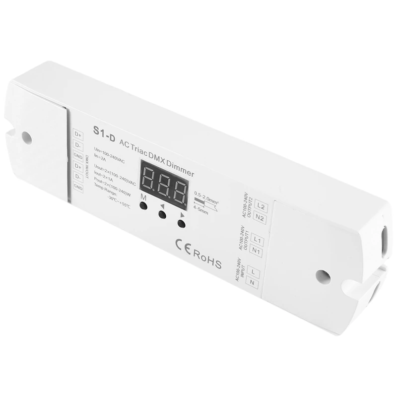 

AC100V - 240V 288W 2CH Triac DMX LED Dimmer, Dual Channel Output Silicon DMX512 Led Controller Digital Display S1-D White