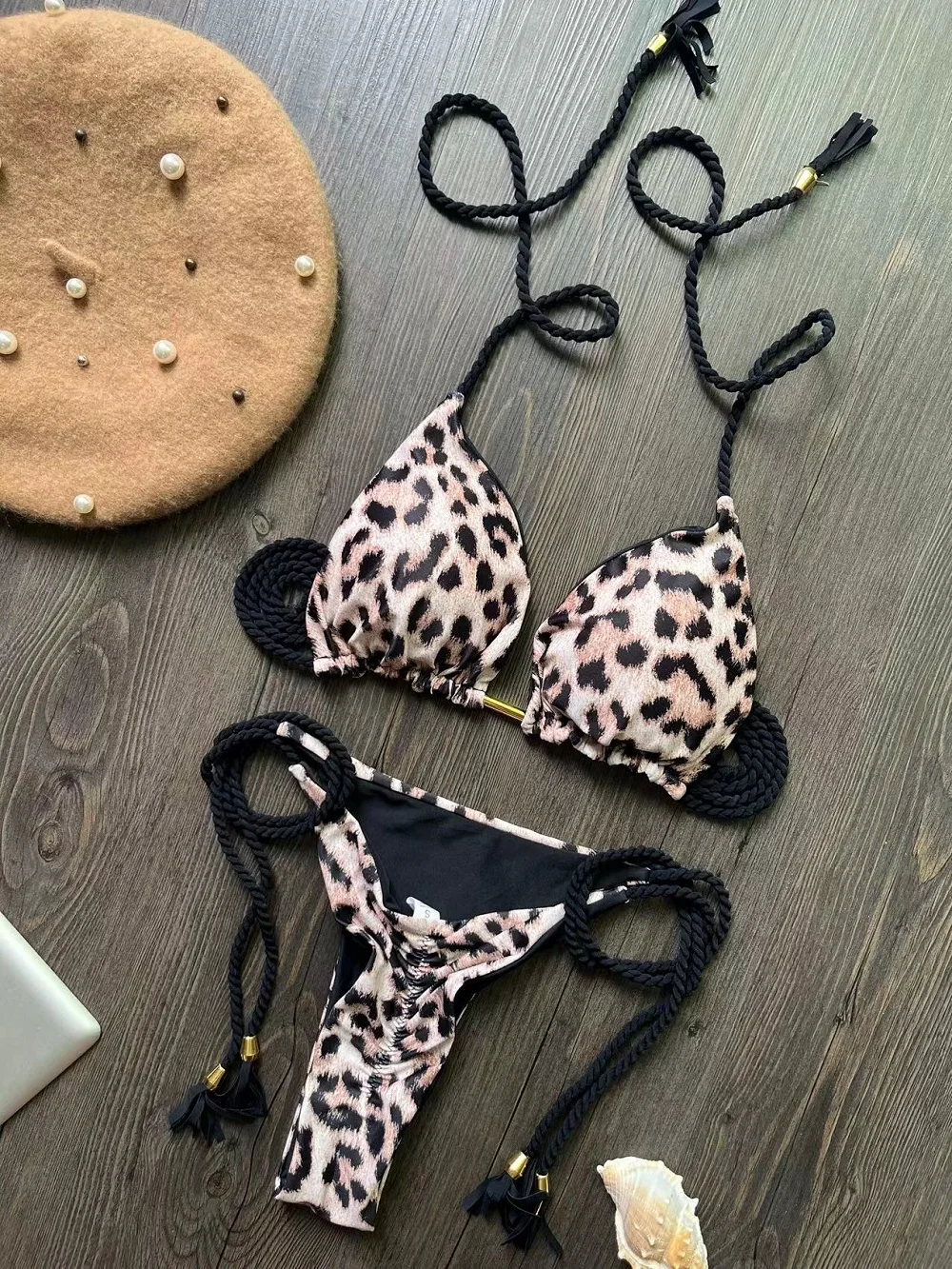 2026 Sexy Leopard Print Swimwear Women'S Split Bikini Set Woven Rope Strap Fringe Beach Women'S Two-Piece Swimsuit Bathing Suit - Image 2